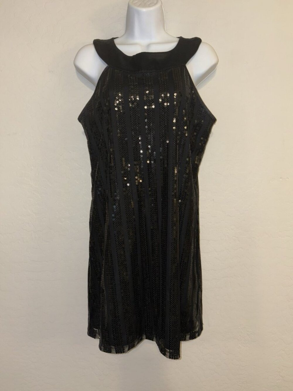 Vintage Y2K Rampage Black Sequin Stripe Mini Dress Party Cocktail Halter Dress M